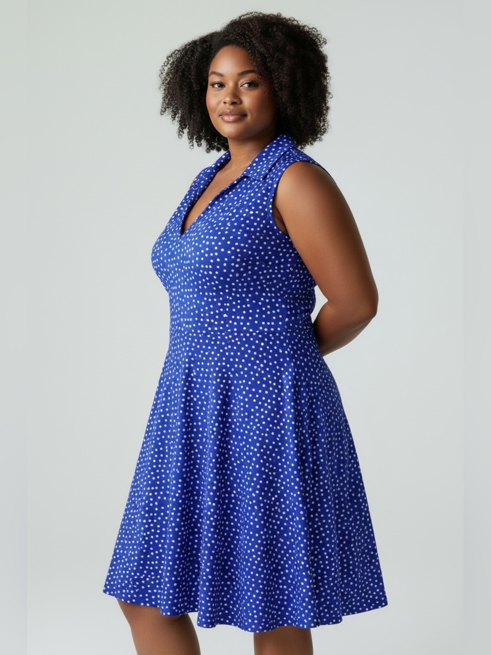 Leota Royal Blue White Polka Dot Collared Midi Dress